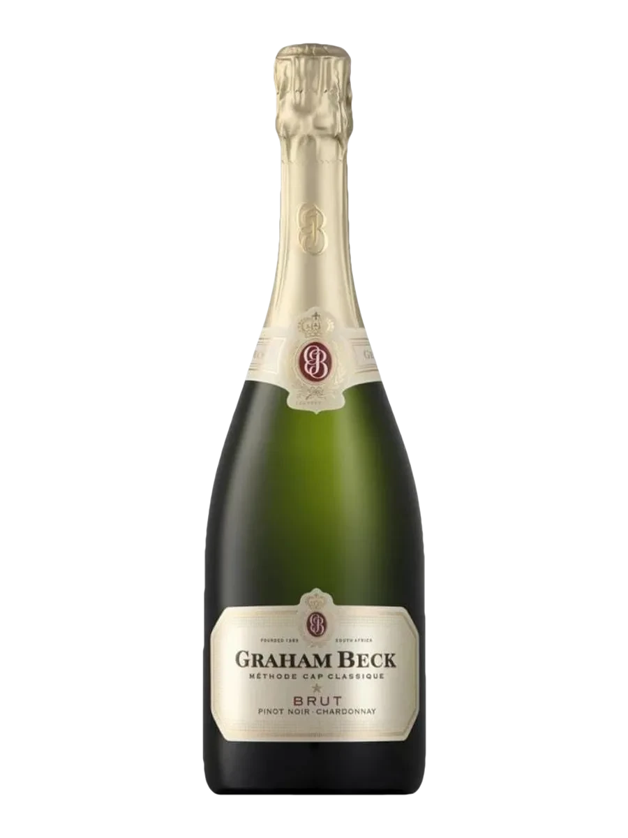 Garrafa do vinho Graham Beck, Brut NV, 55% Chardonnay, 45% Pinot Noir NV, África do Sul