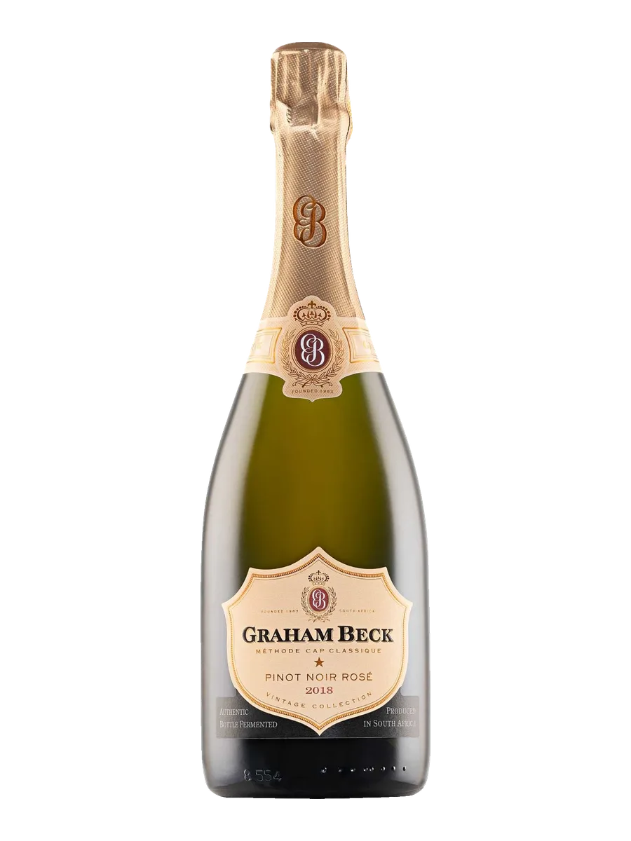 Garrafa do vinho Graham Beck, Rosé Extra-Brut, 90% Pinot Noir, 10% Chardonnay 2018, África do Sul